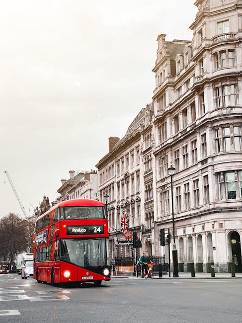 A red double-decker bus, numbered 24 and displaying 'Pimlico' as its destination, is positioned on a city street in front of ornate, multi-story white buildings with detailed architectural features, i